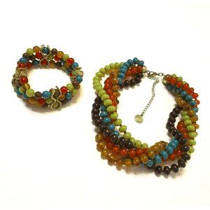 Vintage Baskin Brothers Beaded Necklace Bracelet Set, Colorful 5 Strand Twisted